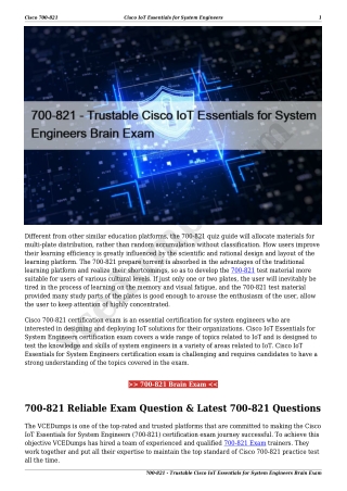 700-821 - Trustable Cisco IoT Essentials for System Engineers Brain Exam