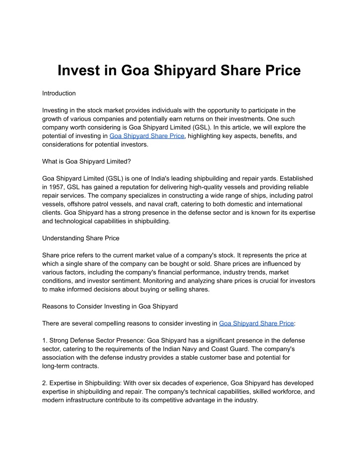 invest in goa shipyard share price