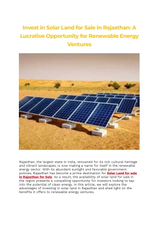 Invest in Solar Land for Sale in Rajasthan A Lucrative Opportunity for Renewable Energy Ventures
