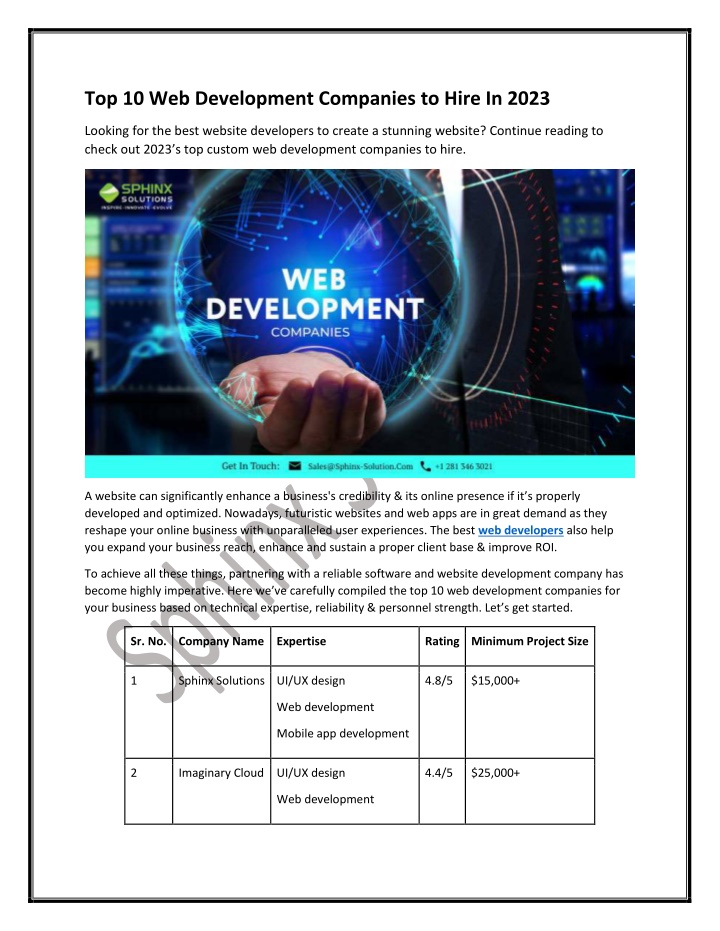 PPT Top 10 Web Development Companies to Hire In 2023 PowerPoint