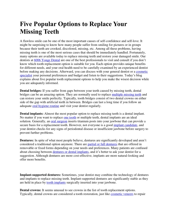 five popular options to replace your missing teeth