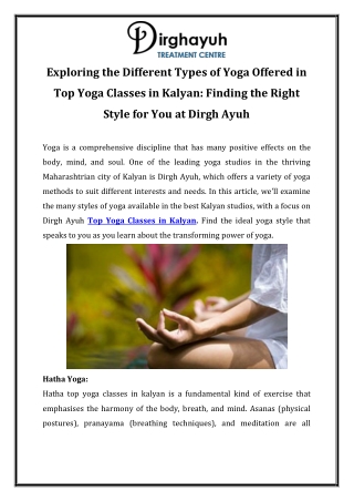 Exploring the Different Types of Yoga Offered in Top Yoga Classes in Kalyan Finding the Right Style for You at Dirgh Ayu