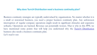 Why does Turn14 Distribution need a business continuity plan?