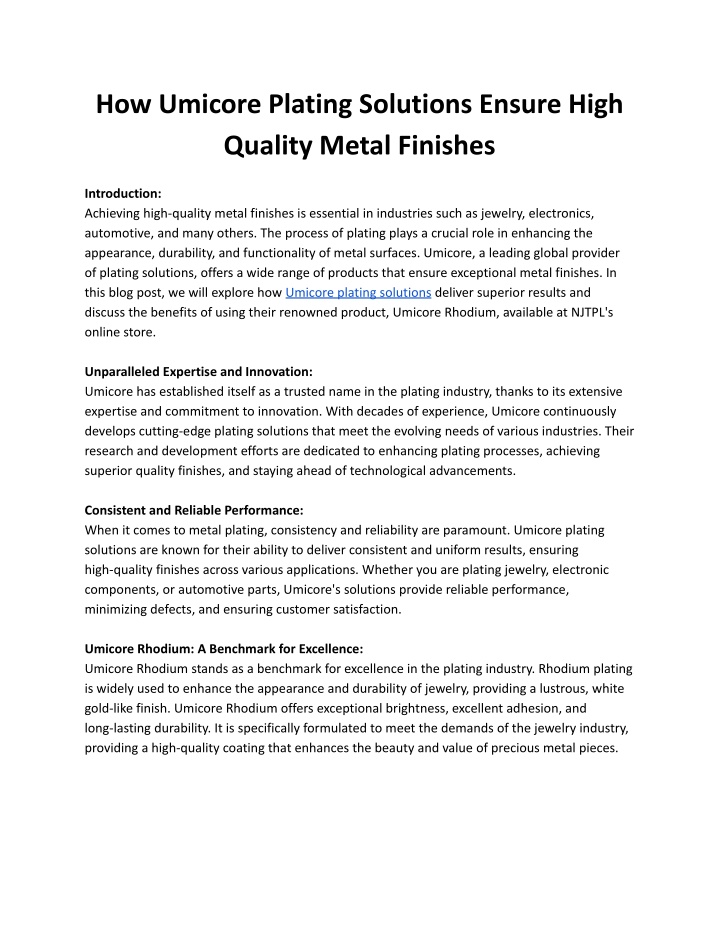 how umicore plating solutions ensure high quality