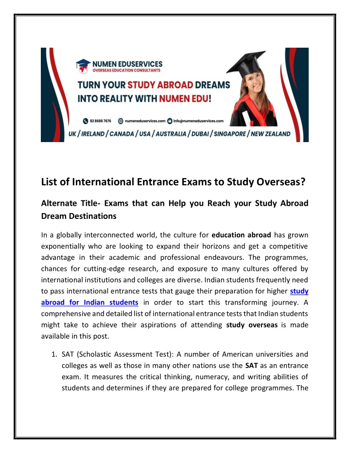 list of international entrance exams to study