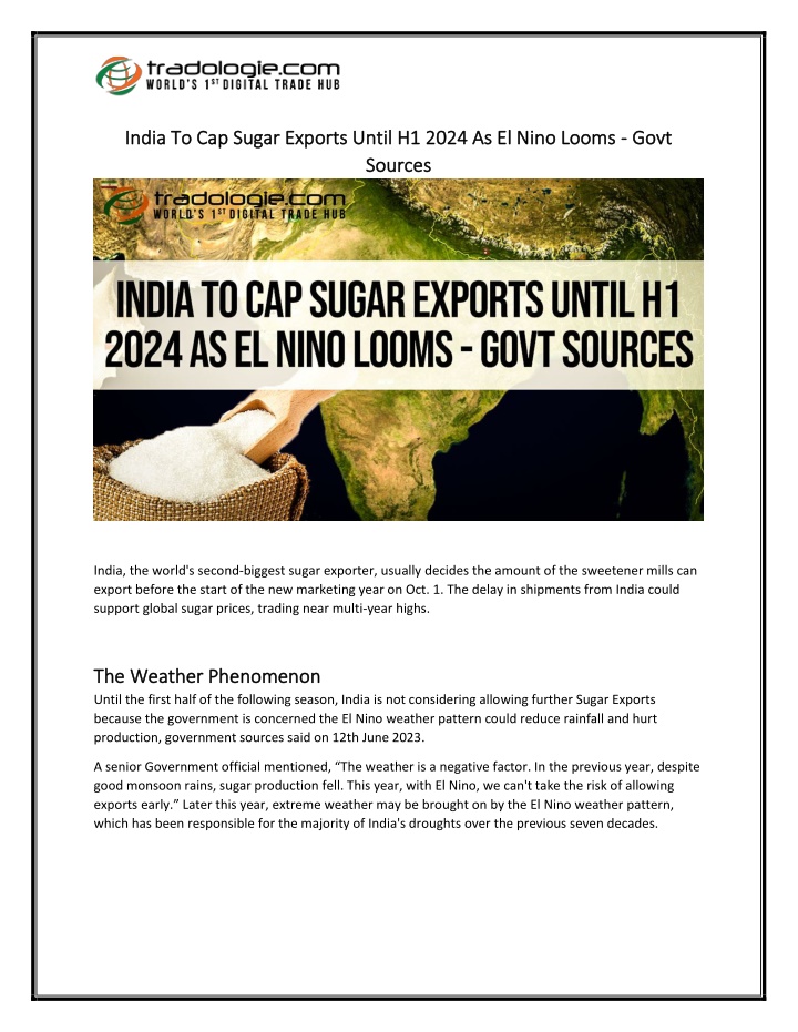 india to cap sugar exports until h1 2024