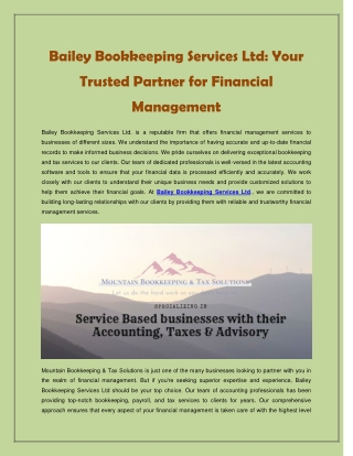 Bailey Bookkeeping Services Ltd - Your Trusted Partner for Financial Management