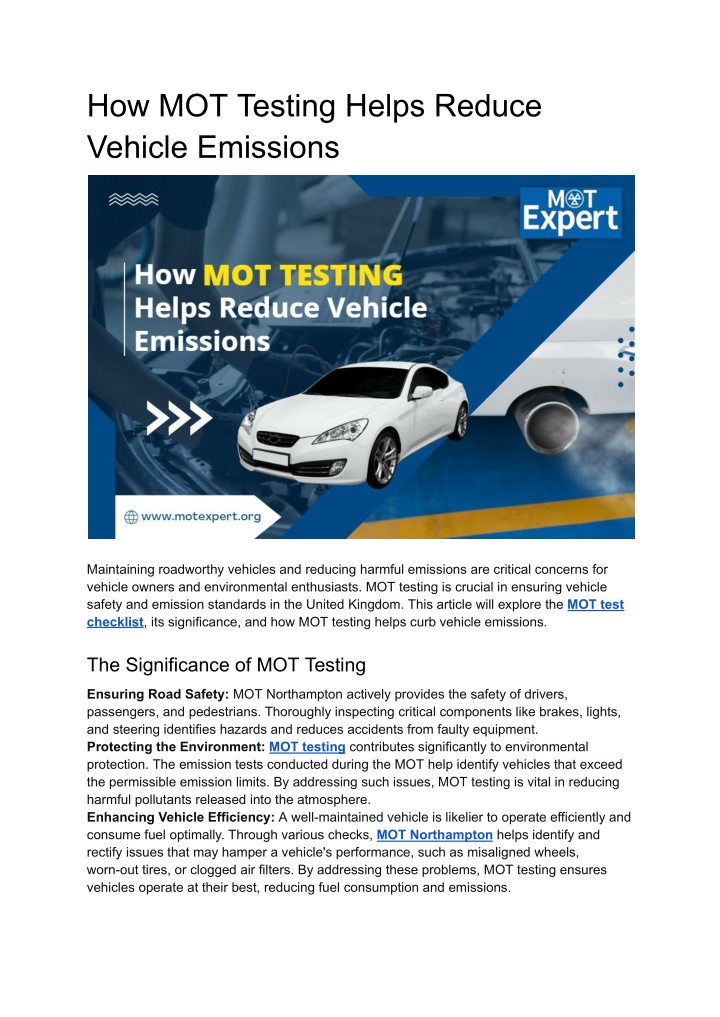 how mot testing helps reduce vehicle emissions
