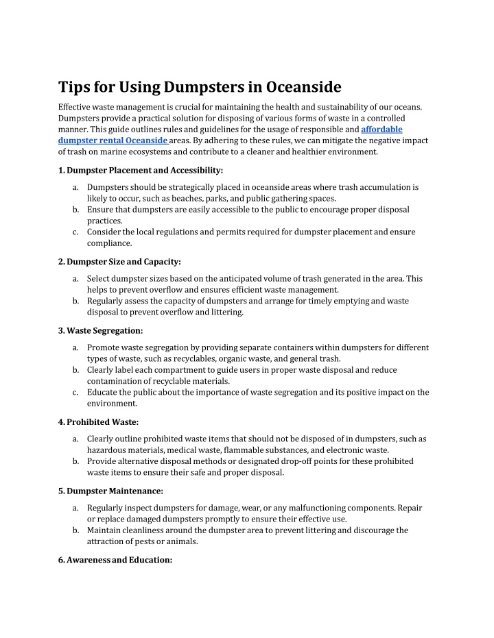 tips for using dumpsters in oceanside effective