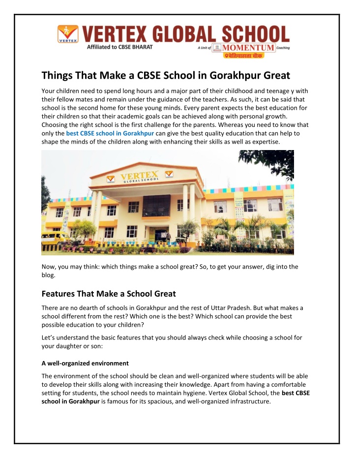 things that make a cbse school in gorakhpur great
