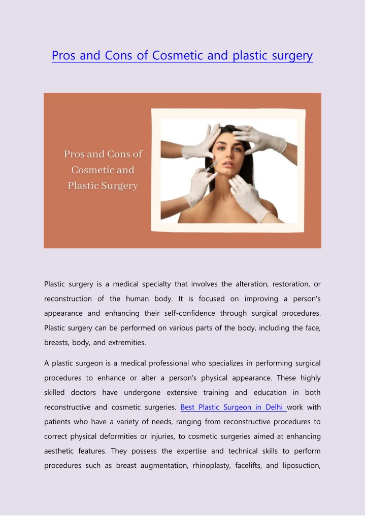 pros and cons of cosmetic and plastic surgery
