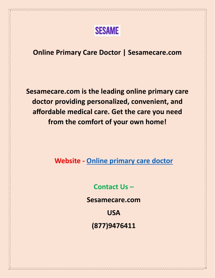 online primary care doctor sesamecare com