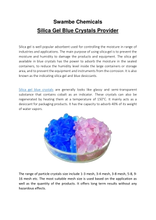 Swambe Chemicals - Silica Gel Blue Crystals Provider