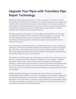 Upgrade Your Pipes with Trenchless Pipe Repair Technology