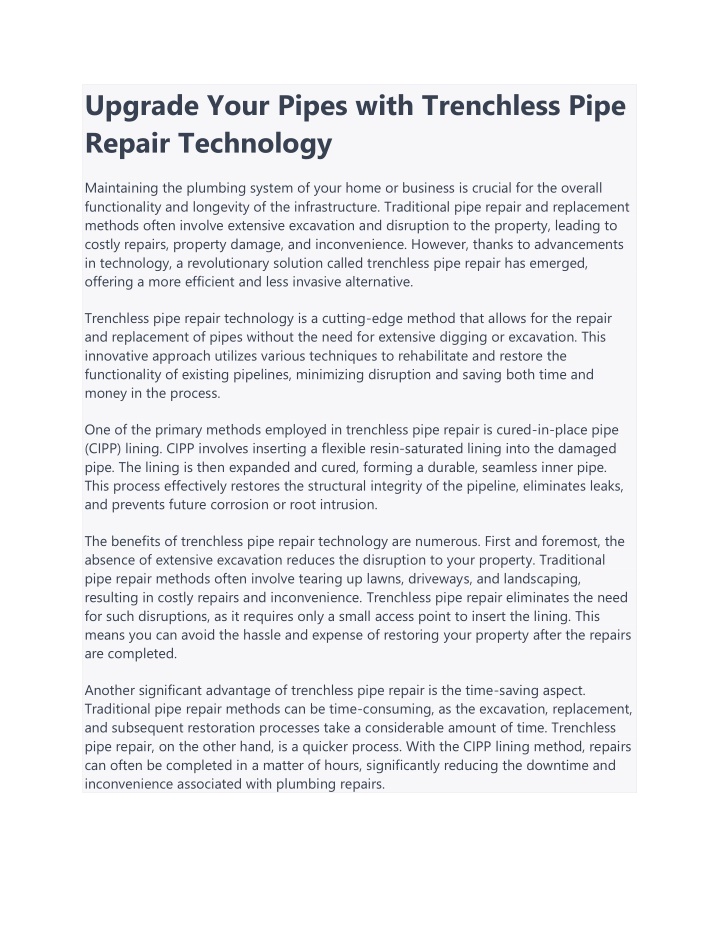 upgrade your pipes with trenchless pipe repair