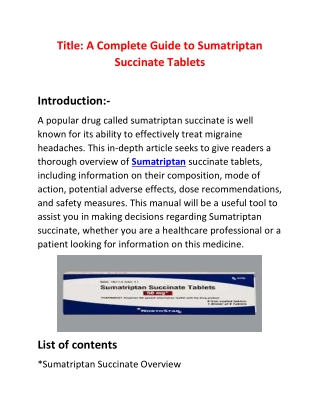 Buy Sumatriptan Succinate (Imitrex Medicine) Tablets | OnlineGenericMedicine