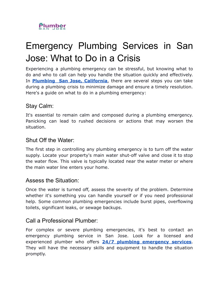 emergency plumbing services in san jose what