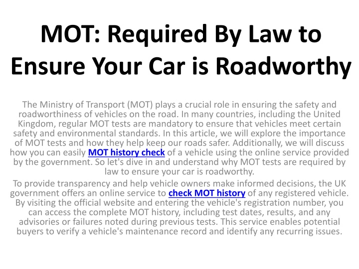 mot required by law to ensure your car is roadworthy