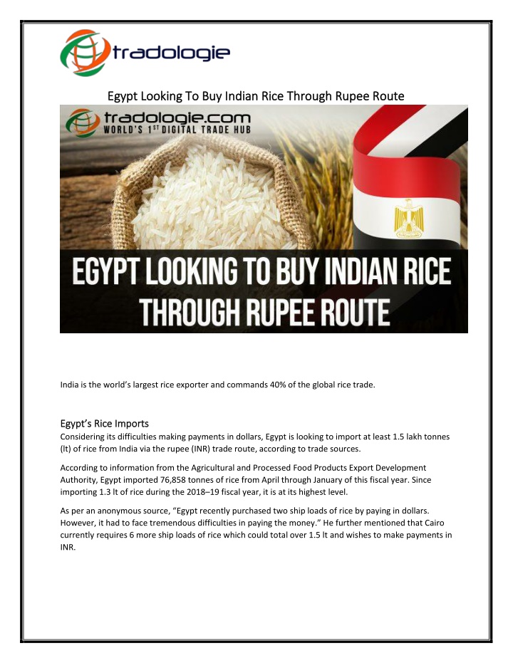 egypt looking to buy indian rice through rupee