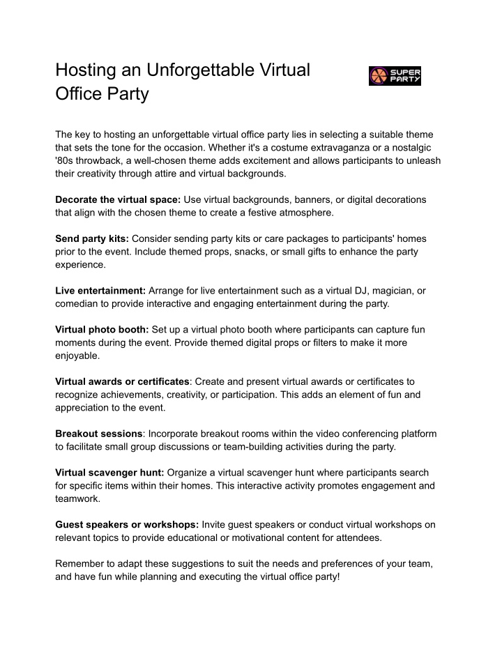 hosting an unforgettable virtual office party
