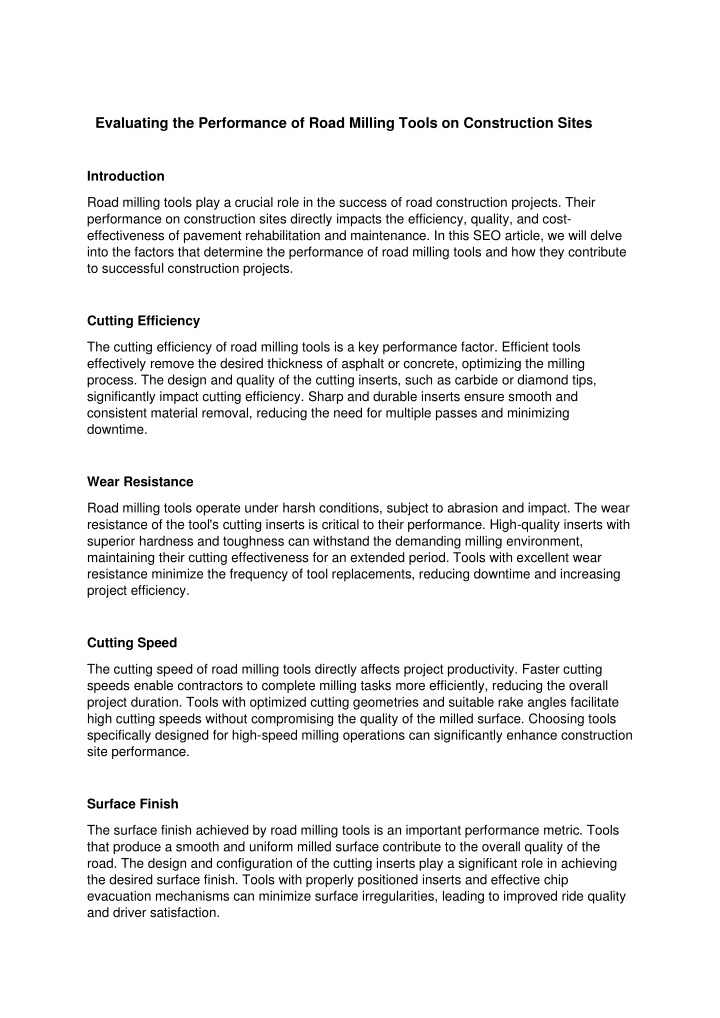 evaluating the performance of road milling tools