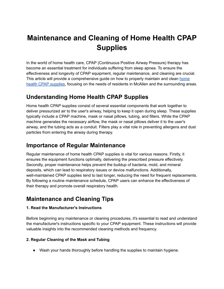maintenance and cleaning of home health cpap