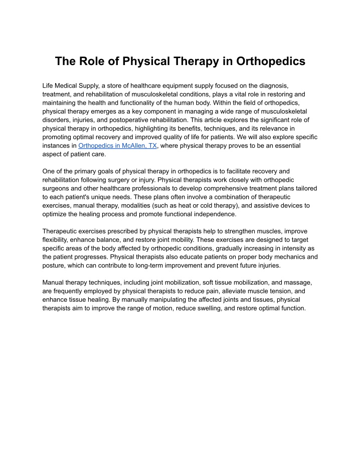 the role of physical therapy in orthopedics