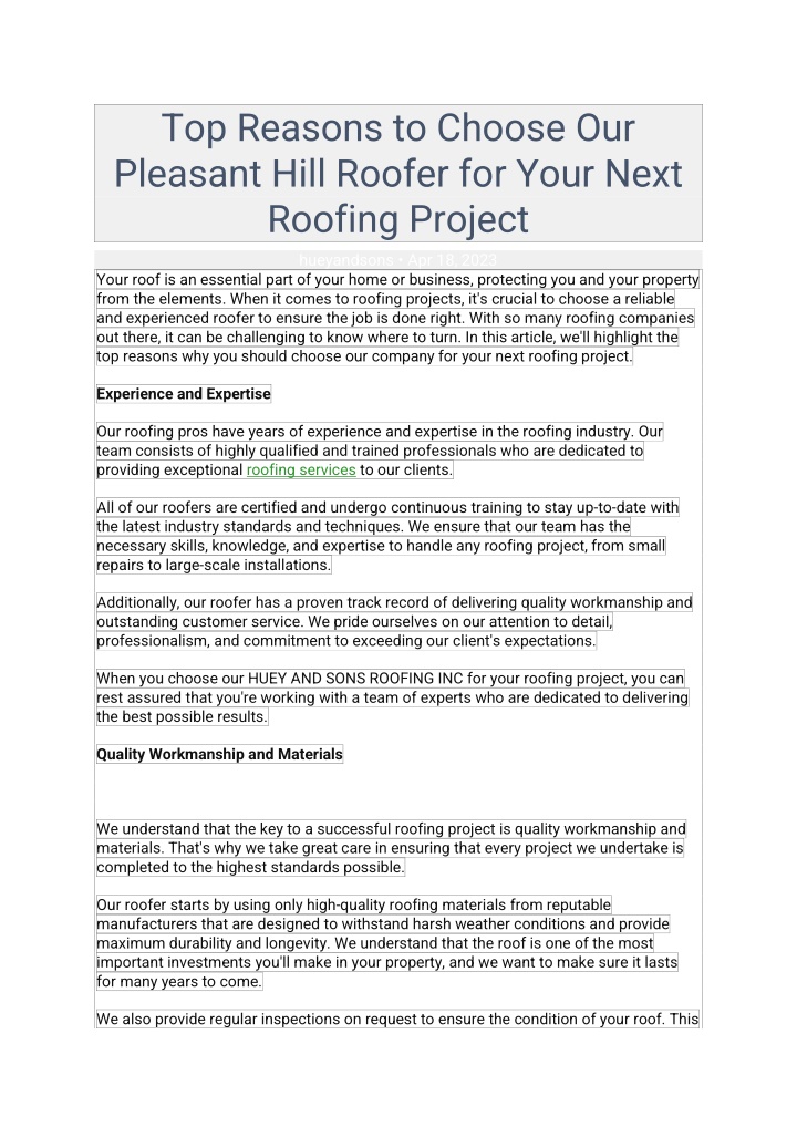 top reasons to choose our pleasant hill roofer