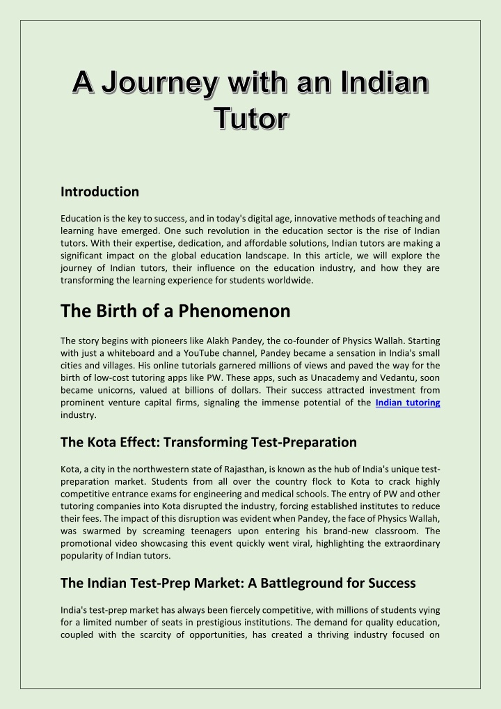 PPT - A Journey with an Indian Tutor PowerPoint Presentation, free ...