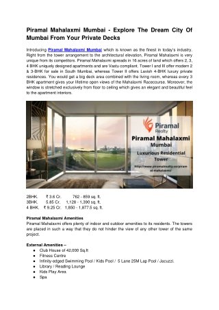 Piramal Mahalaxmi Mumbai - Explore The Lavish Dream City