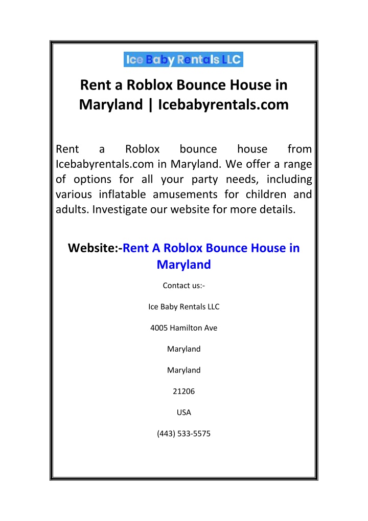 rent a roblox bounce house in maryland