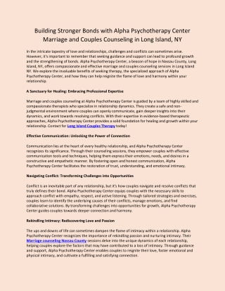 Building Stronger Bonds with Alpha Psychotherapy Center Marriage and Couples Counseling in Long Island, NY