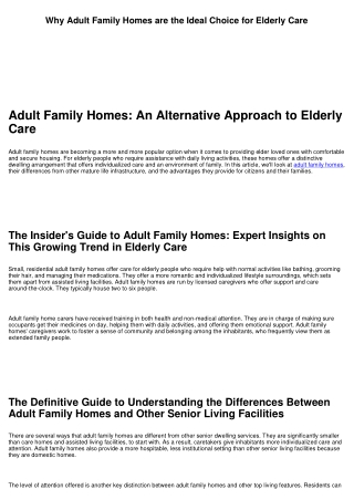 Adult Family Homes: An Alternative Approach to Elderly Care