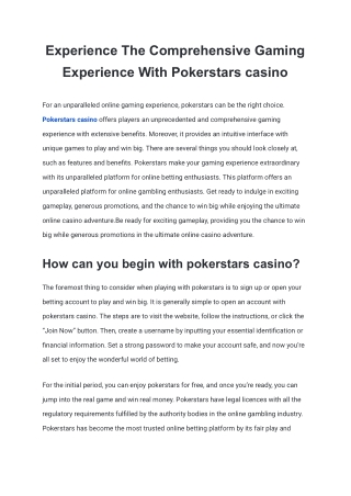 Experience The Comprehensive Gaming Experience With Pokerstars casino
