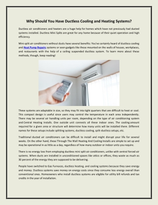 Why Should You Have Ductless Cooling and Heating Systems