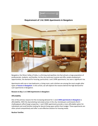 Requirement of 1 & 2 BHK Apartments in Bangalore