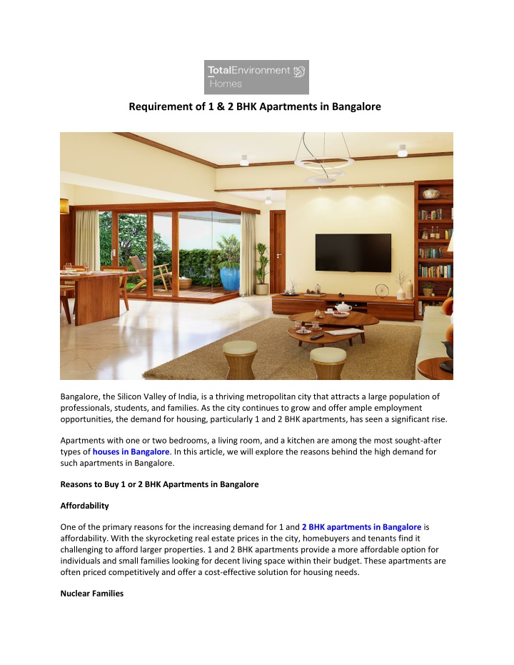 requirement of 1 2 bhk apartments in bangalore