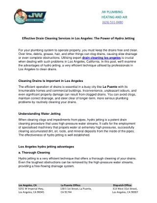 Effective Drain Cleaning Services in Los Angeles: The Power of Hydro Jetting