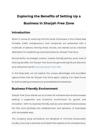 Exploring the Benefits of Setting Up a Business in Sharjah Free Zone