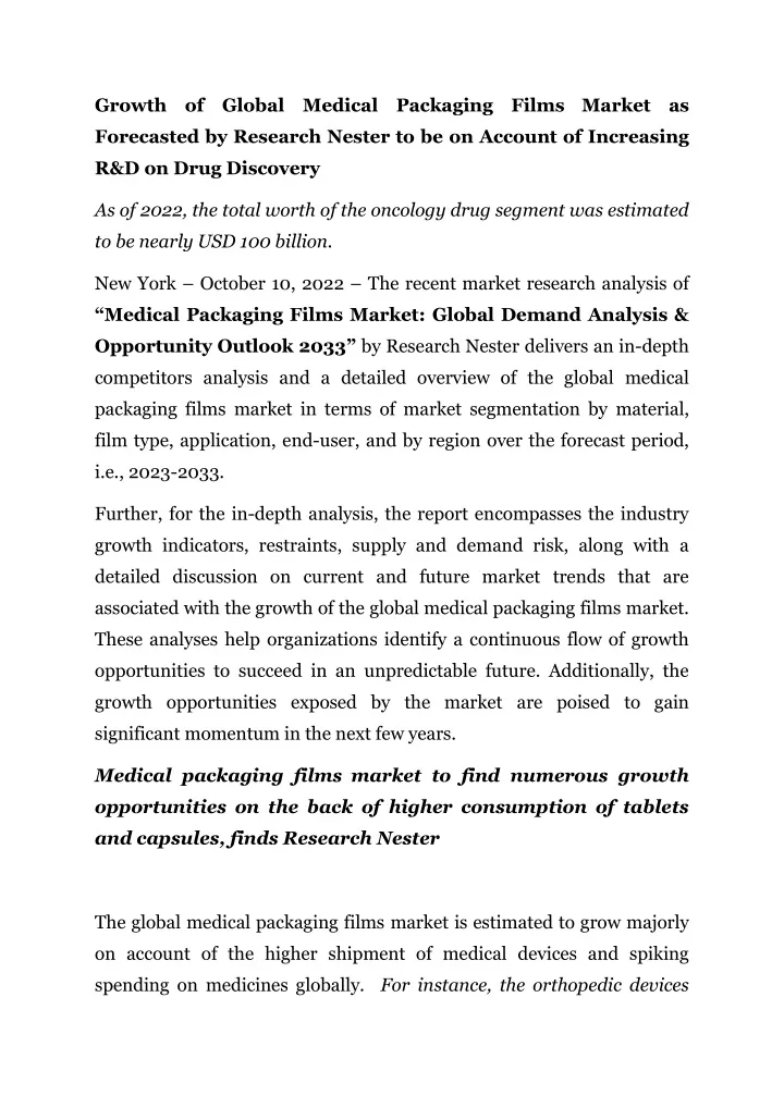 growth of global medical packaging films market as