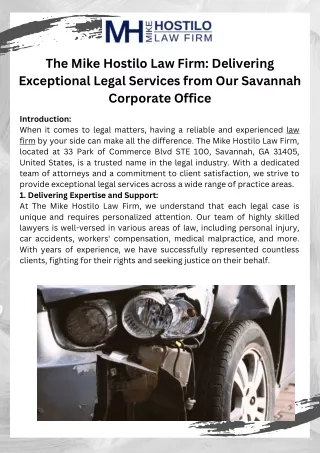 The Mike Hostilo Law Firm Delivering Exceptional Legal Services from Our Savannah Corporate Office
