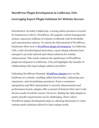 WordPress Plugin Development in California USA Leveraging Expert Plugin Solutions for Website Success