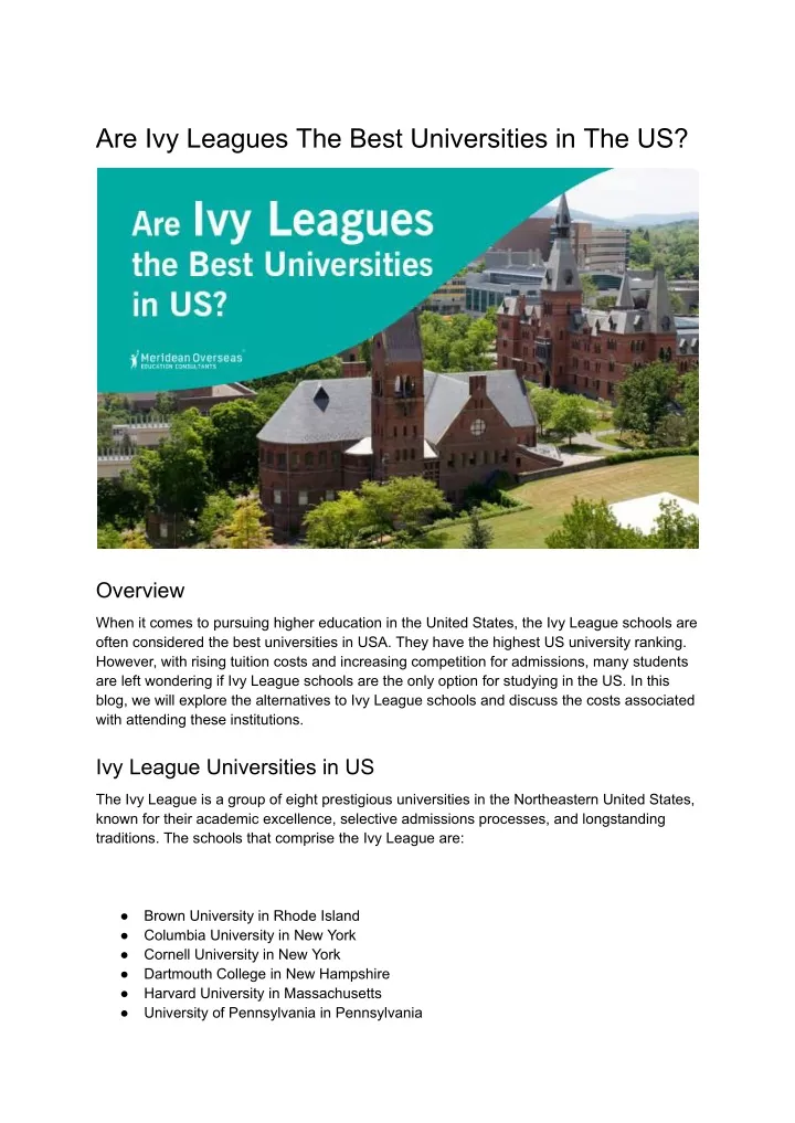 are ivy leagues the best universities in the us