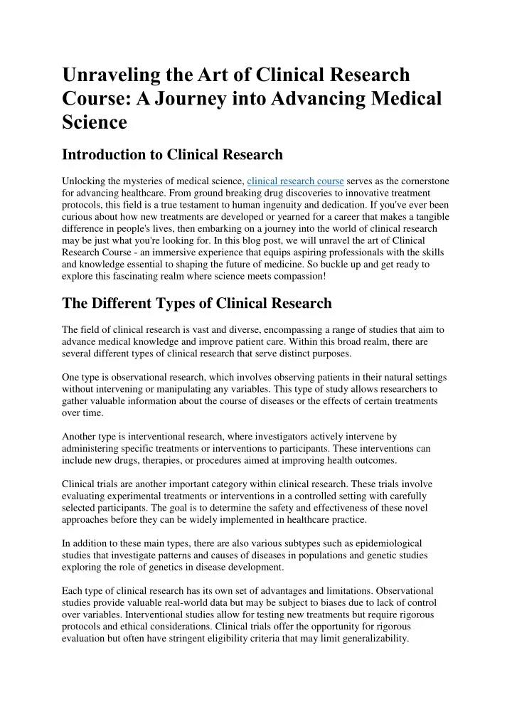 unraveling the art of clinical research course