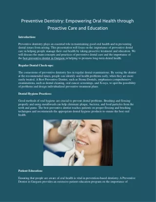 Preventive Dentistry- Empowering Oral Health through Proactive Care and Education
