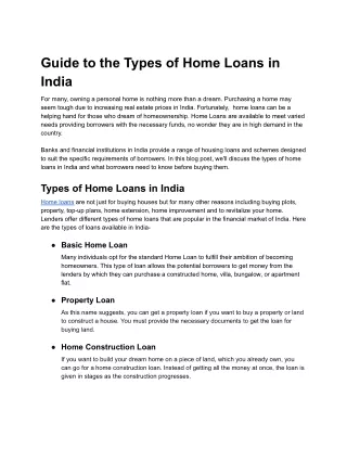 Guide to the Types of Home Loans in India