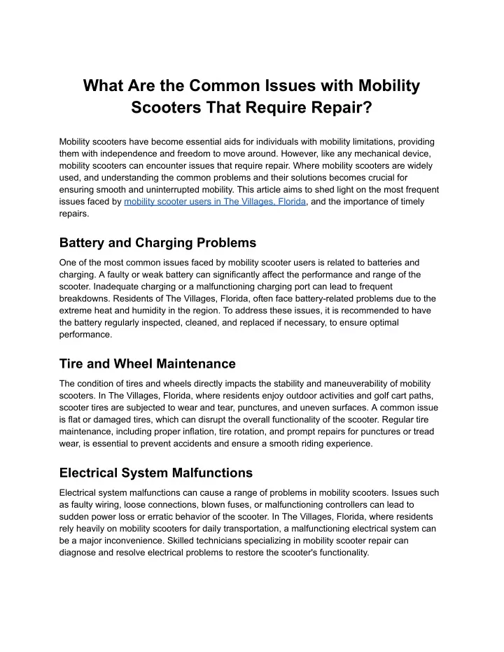 what are the common issues with mobility scooters