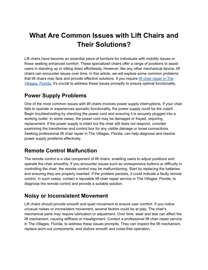 what are common issues with lift chairs and their
