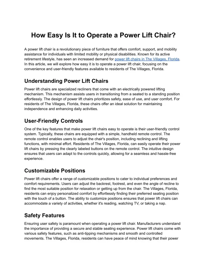 how easy is it to operate a power lift chair
