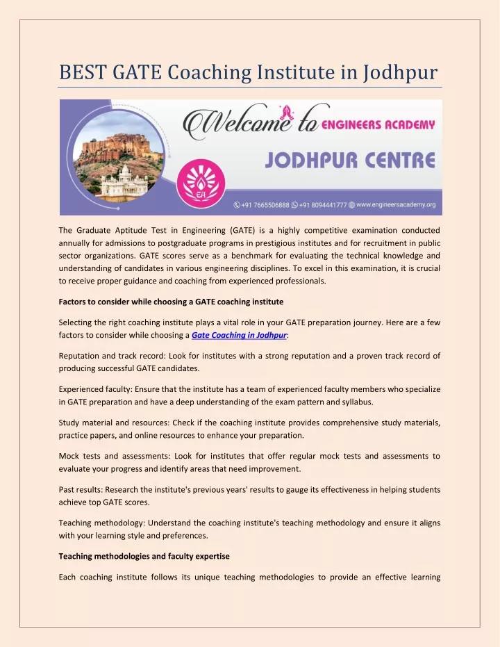 best gate coaching institute in jodhpur